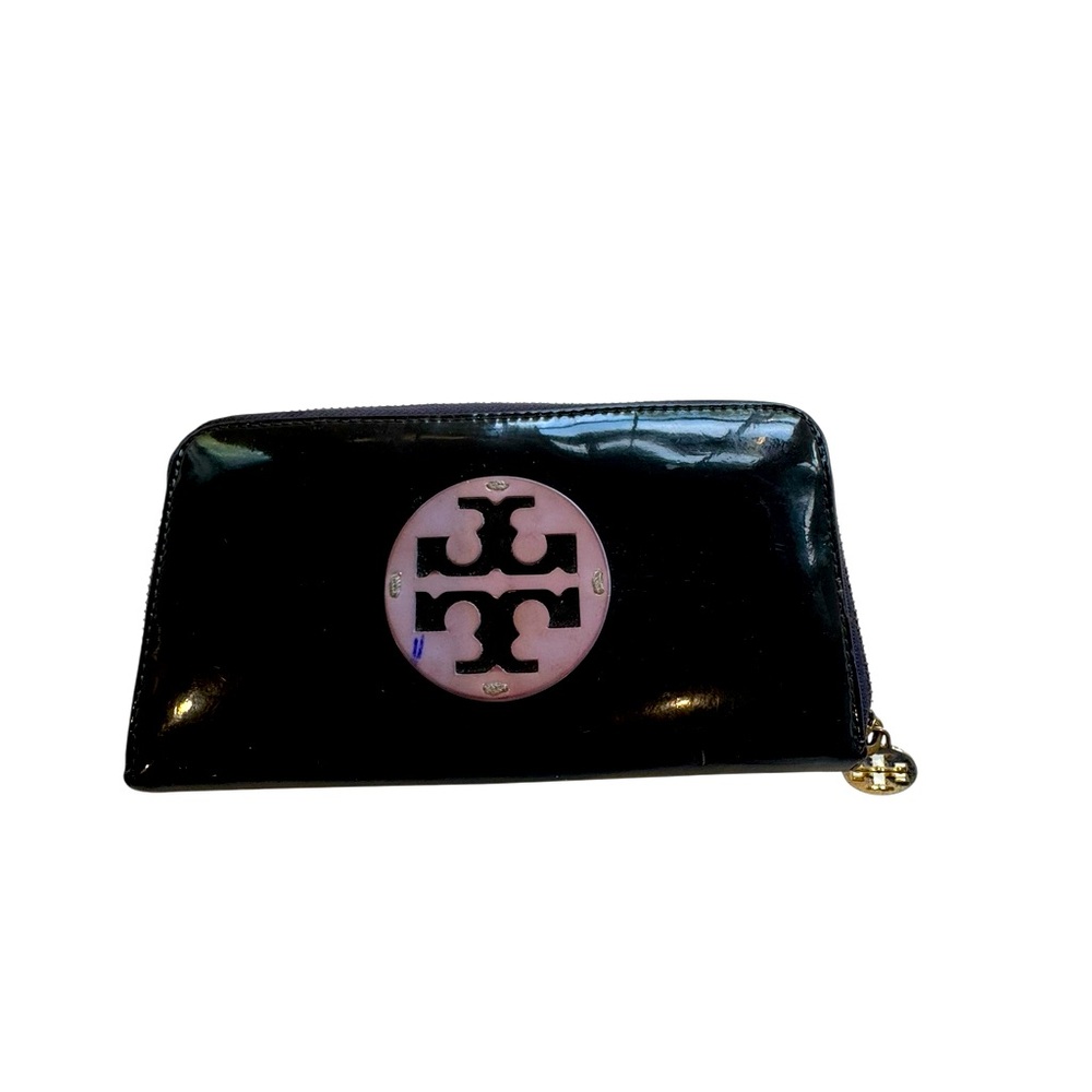 Tory Burch patent leather wallet in dark aubergine. Used.